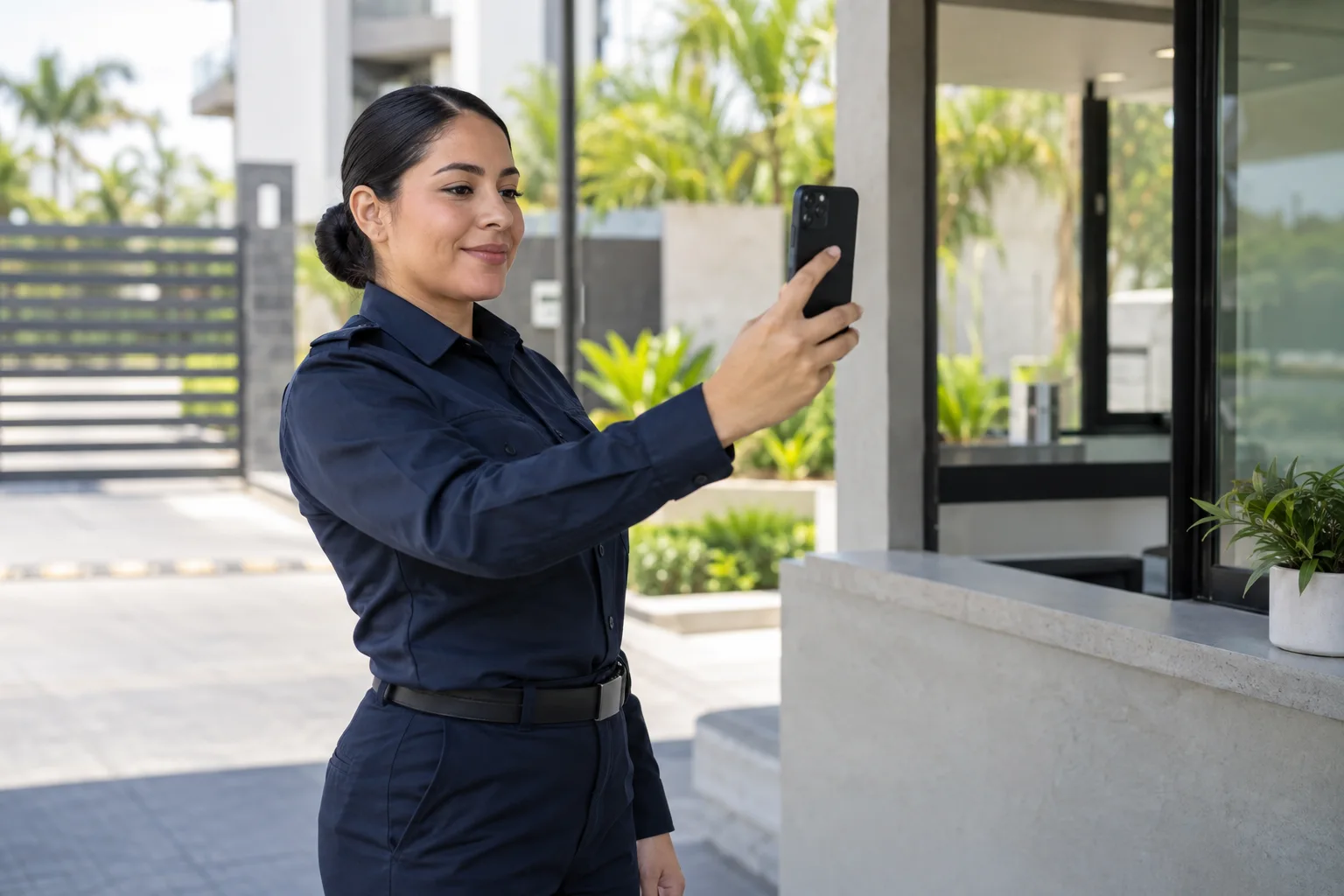 Guardia usando el teléfono para registrar su asistencia; escena generada con IA.